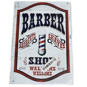Vintage Vibe NWT Barber Shop Metal Tin Sign Haircuts Shaves Walk-ins Red Black